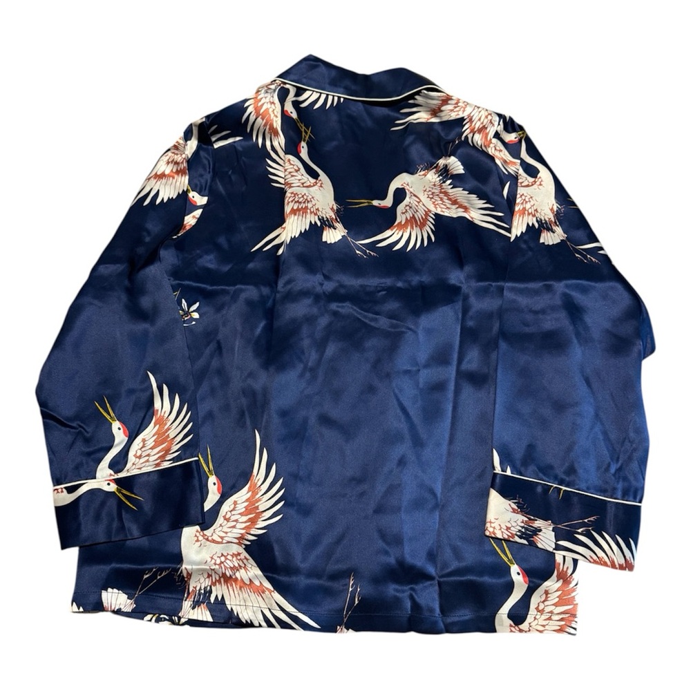 SILK SILKY Navy Silk Crane Print Pajama Set Long Sleeve Shirt Pants Size XL NWT - Picture 6 of 10